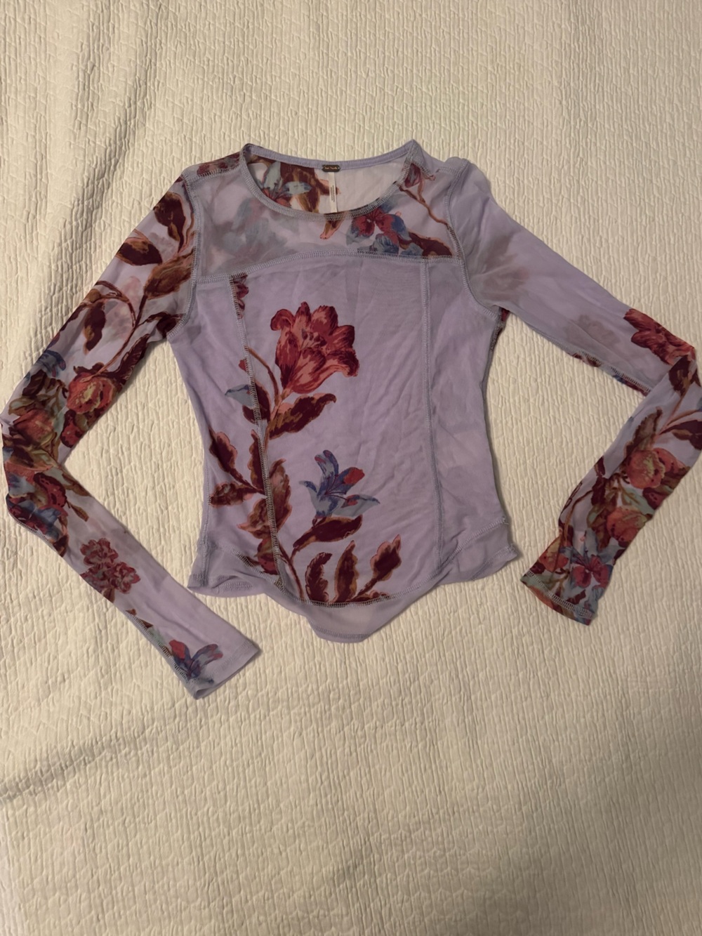 Free People Lavender Floral Mesh Long Sleeve Top - Size Small